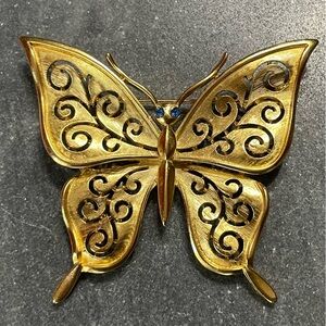 Vintage Trifari Florentine Gold Butterfly Blue Eyes